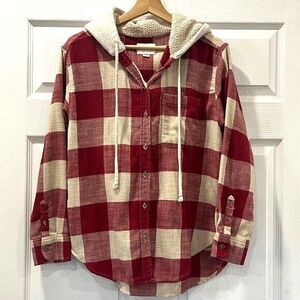 American Eagle Men’s Red Checkered Button Up Hooded Top Size XS